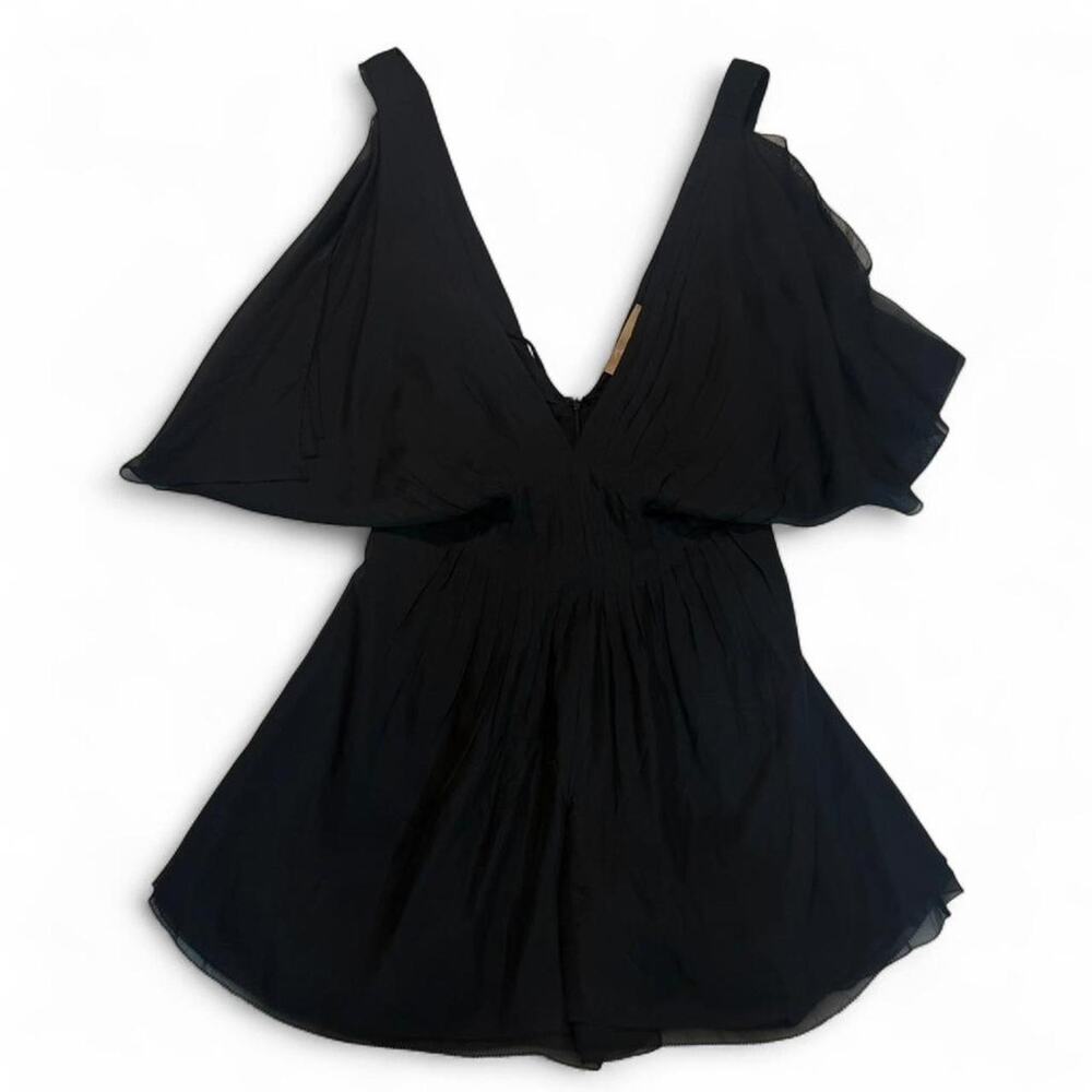 Max Azria 100% Silk Romper Size S Black Deep V Neck Whimsigoth Luxury  BCBG